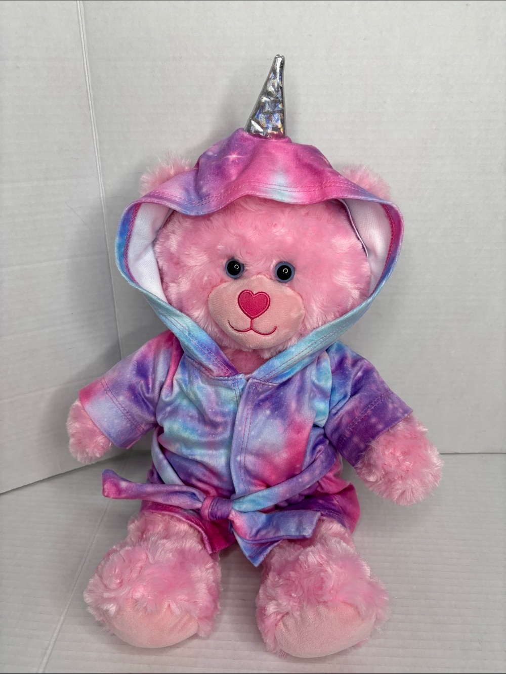 Build-A-Bear Pink heart nose  Bear in Rainbow Unicorn robe. New